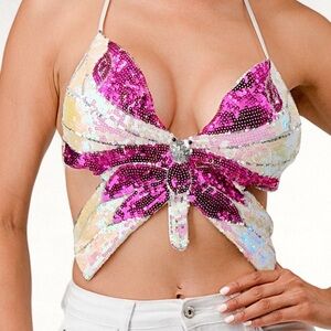 envy Pink Sequin Butterfly Crop Top